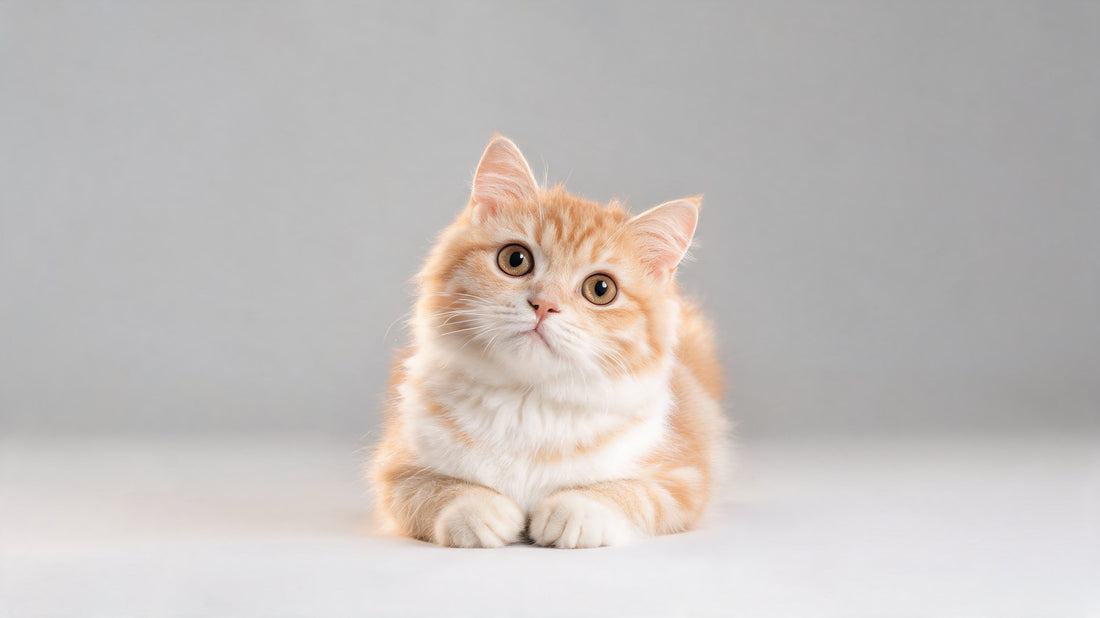 A fluffy ginger and white cat lying down, looking up at the camera