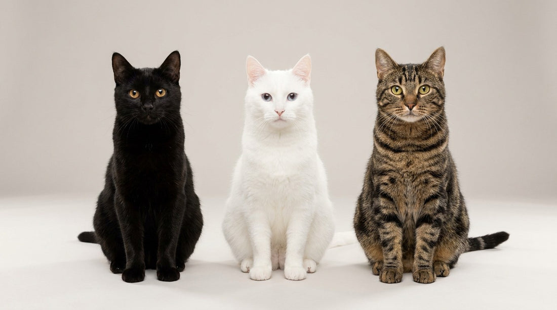 A black cat, a white cat and a striped tabby cat sitting side by side