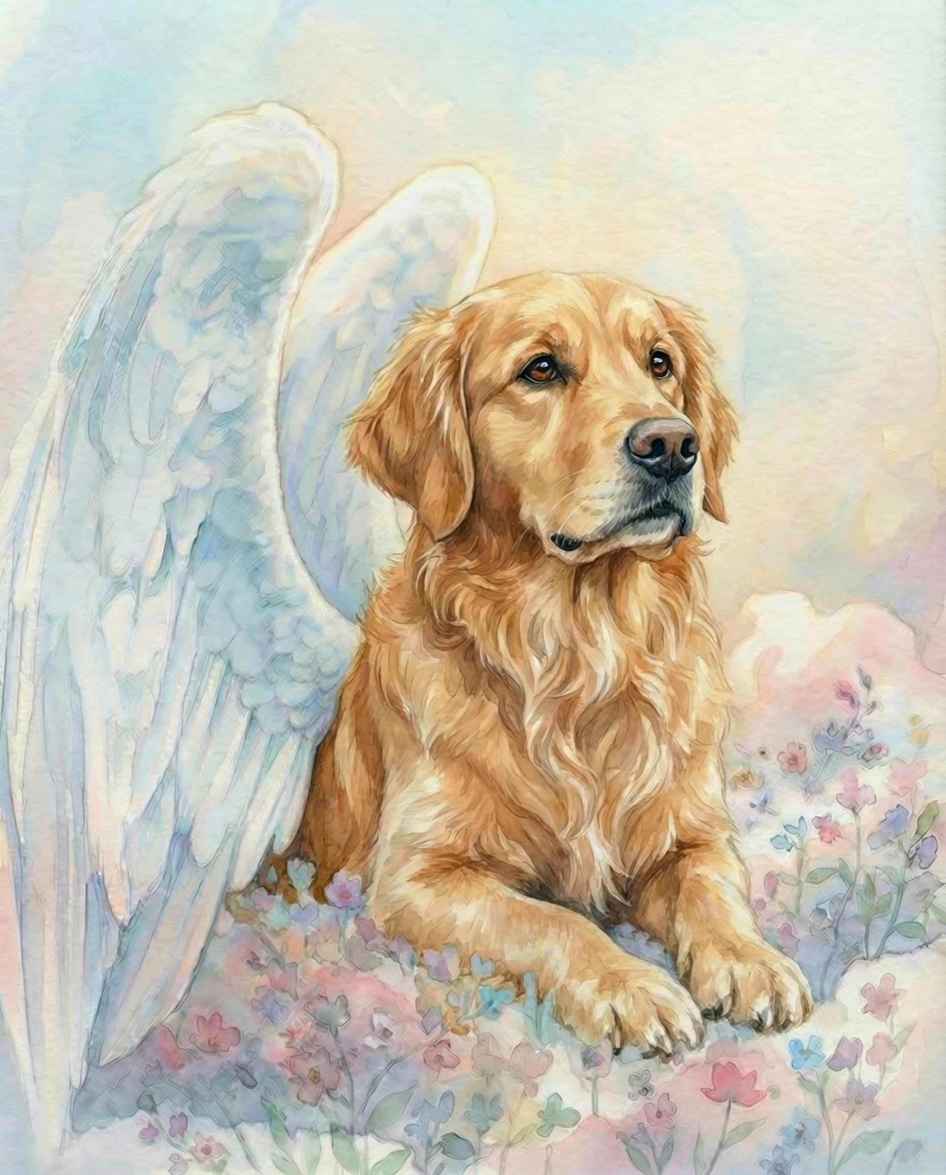 Golden Retriever Angel in Clouds Memorial Art