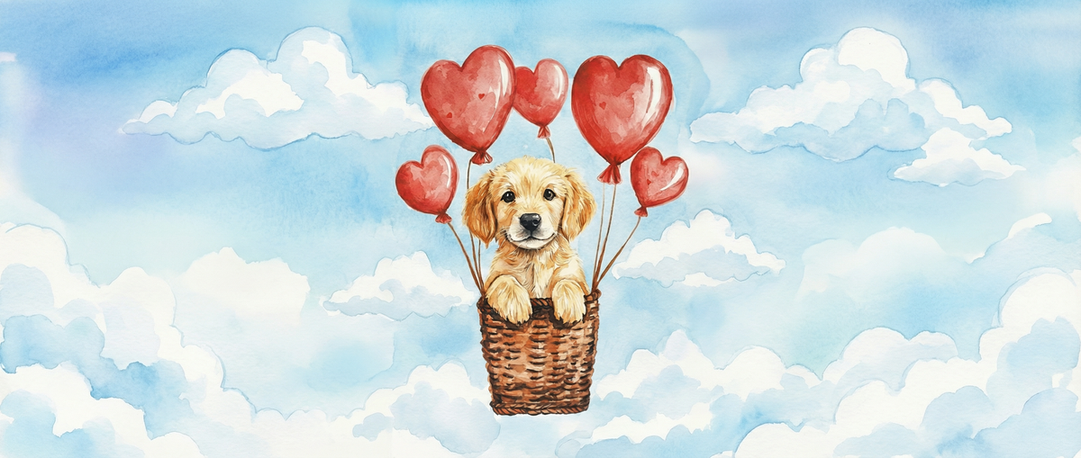 Heart-themed pet art: a puppy in a basket under red heart balloons.