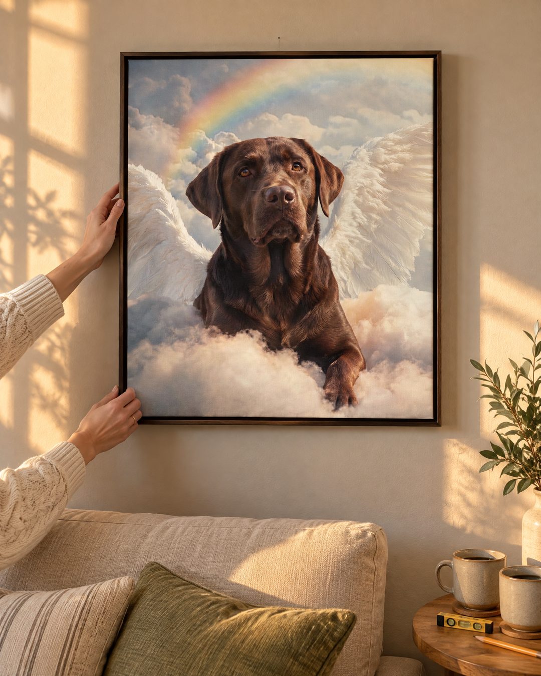 The Heavenbound canvas being straightened on a sunlit wall above a sofa.