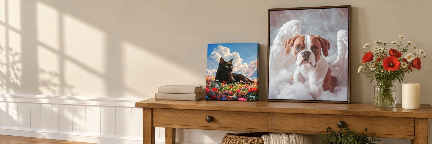 Two memorial canvases on a wooden console.