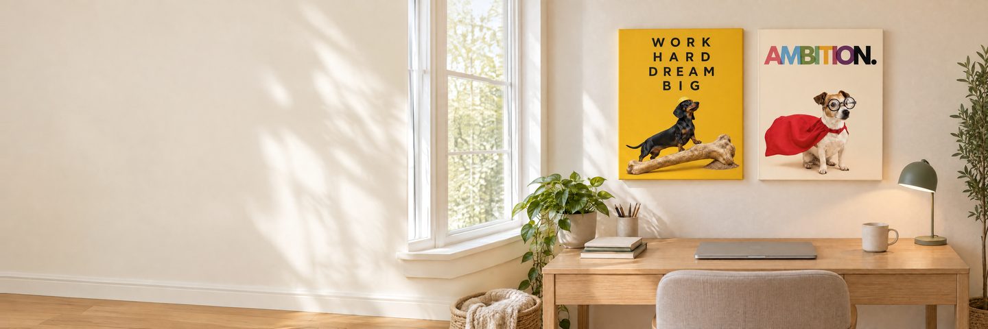A home office with two pet motivational posters on the wall.
