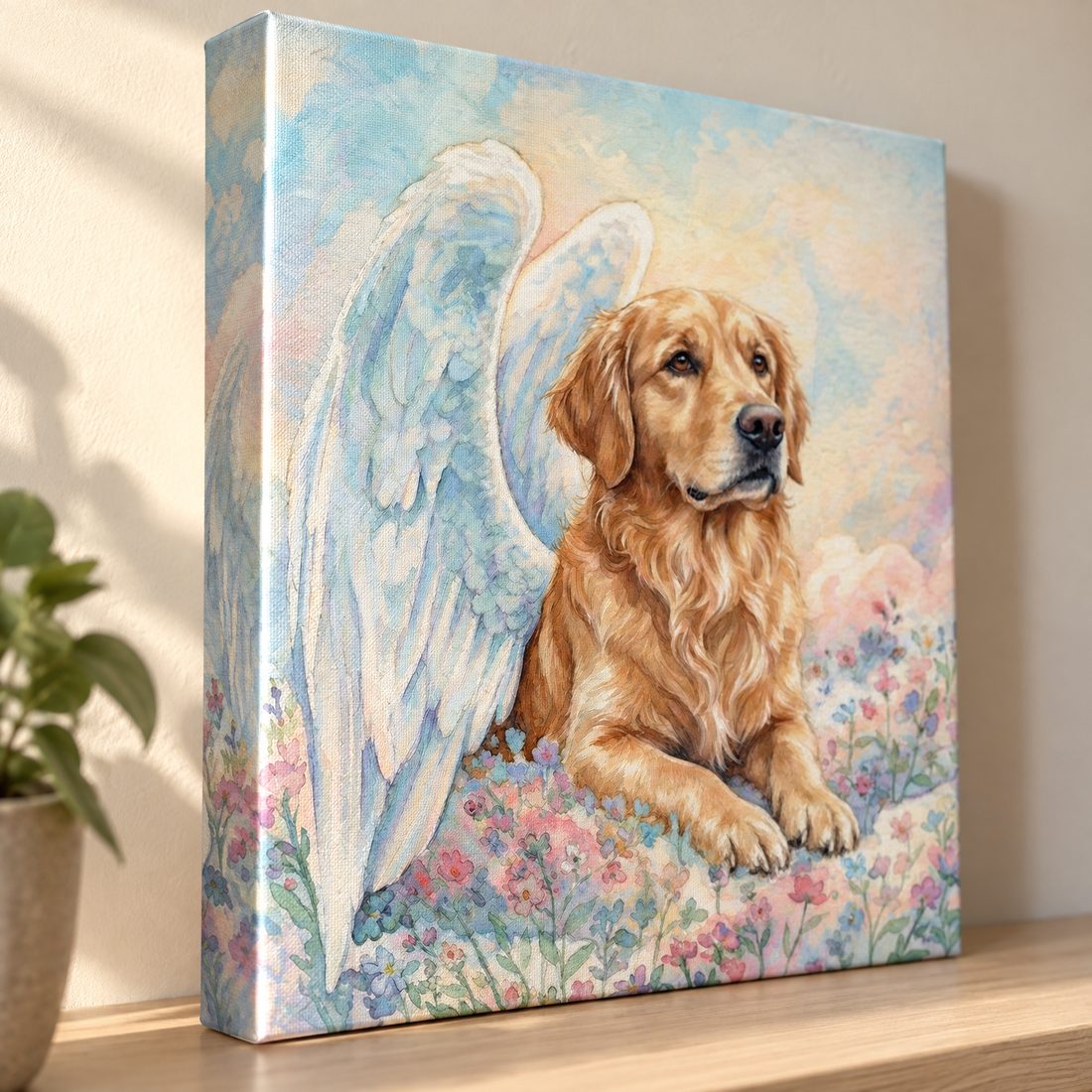 An Angelic Guardian canvas up close on a shelf in soft daylight, its wrapped edge showing.