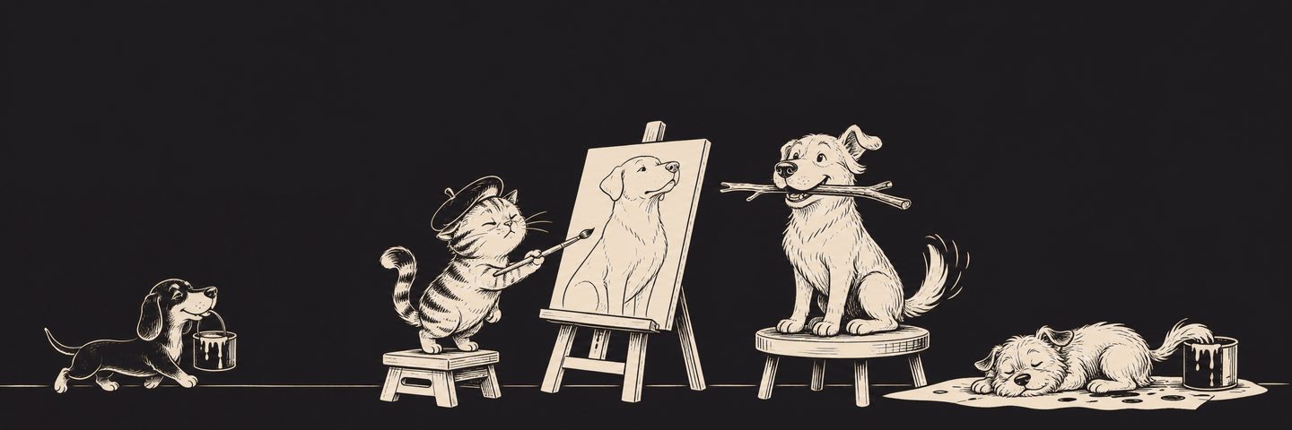 A drawing of pets happily making art together.
