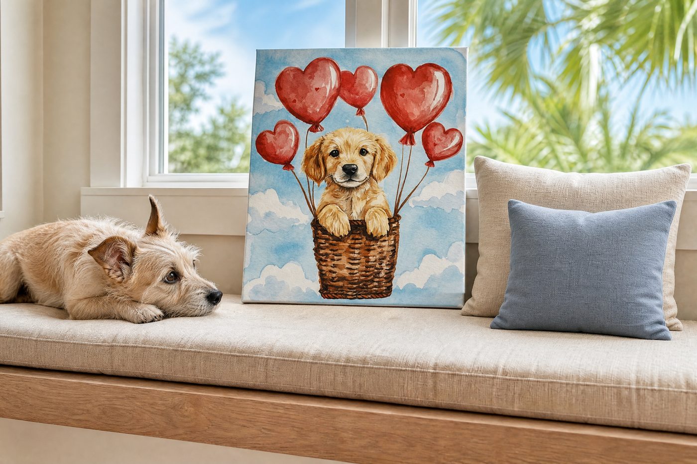 The Balloon Love art, a pet with red heart balloons, on a sunny window seat beside a resting dog.