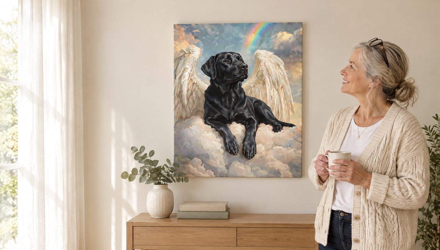 A bright living room with a canvas of a black Lab with angel wings on clouds, hung on the wall.