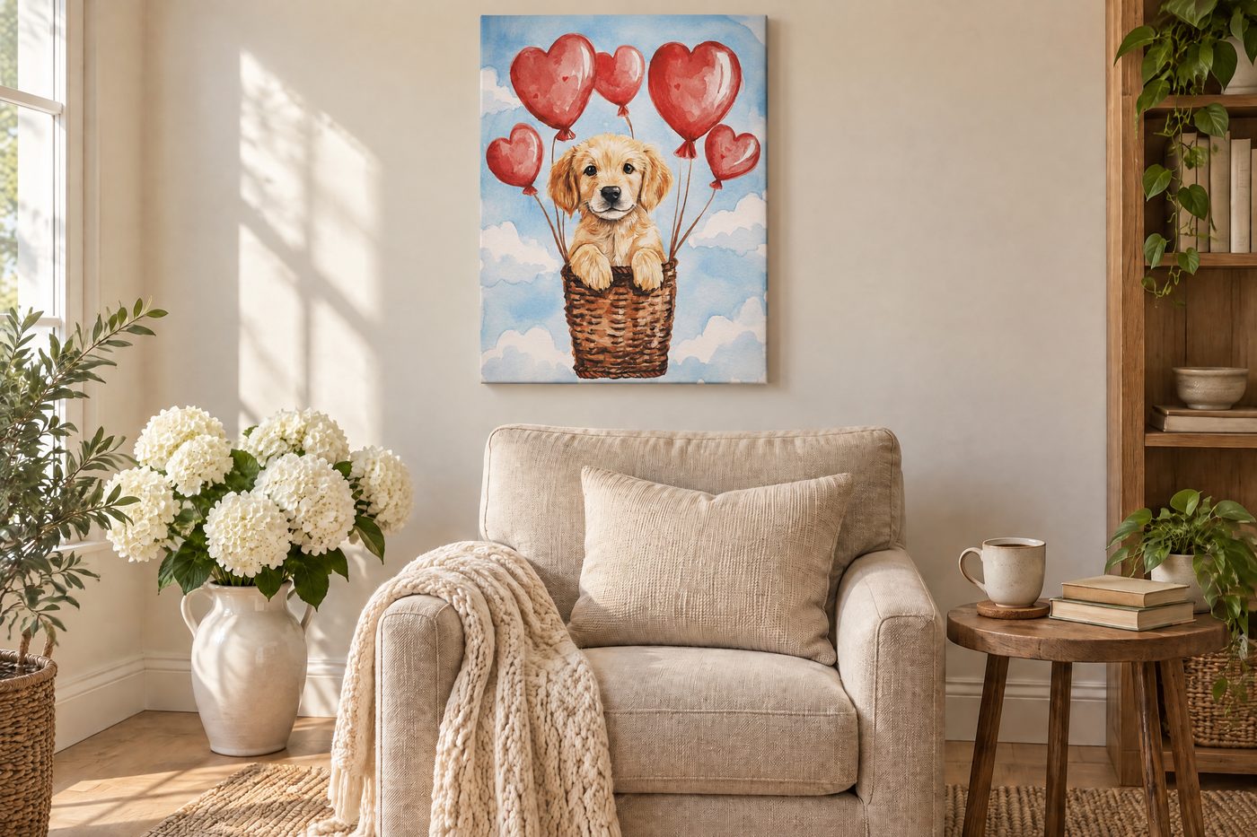 A canvas of a golden retriever puppy in a basket lifted by red heart balloons, hung above a linen armchair in morning sun.