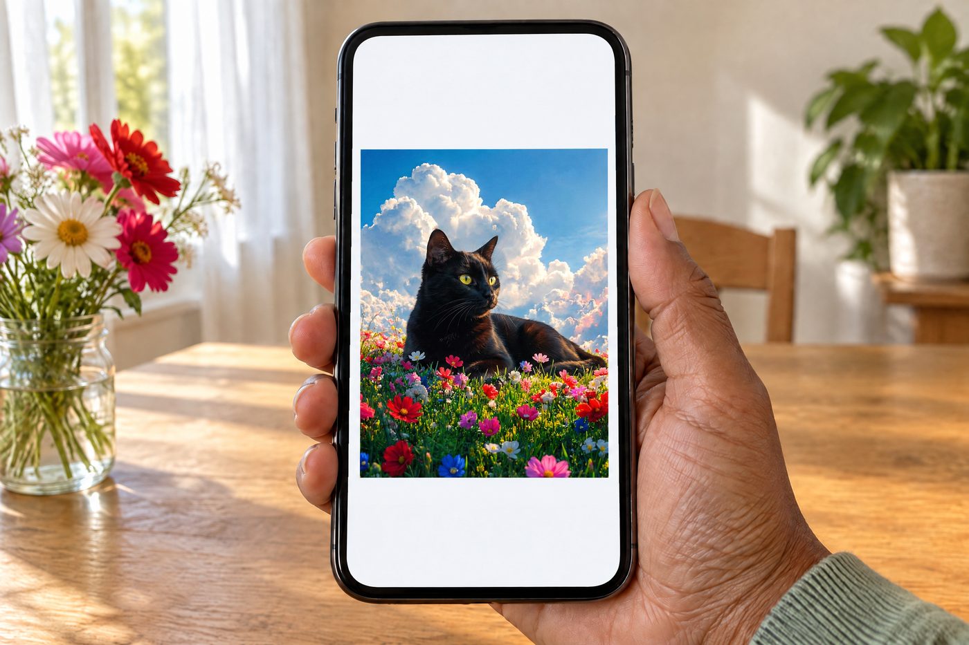 A hand holds a phone at a sunny breakfast table, showing the Flower Field & Clouds art: a black cat in a field of flowers.