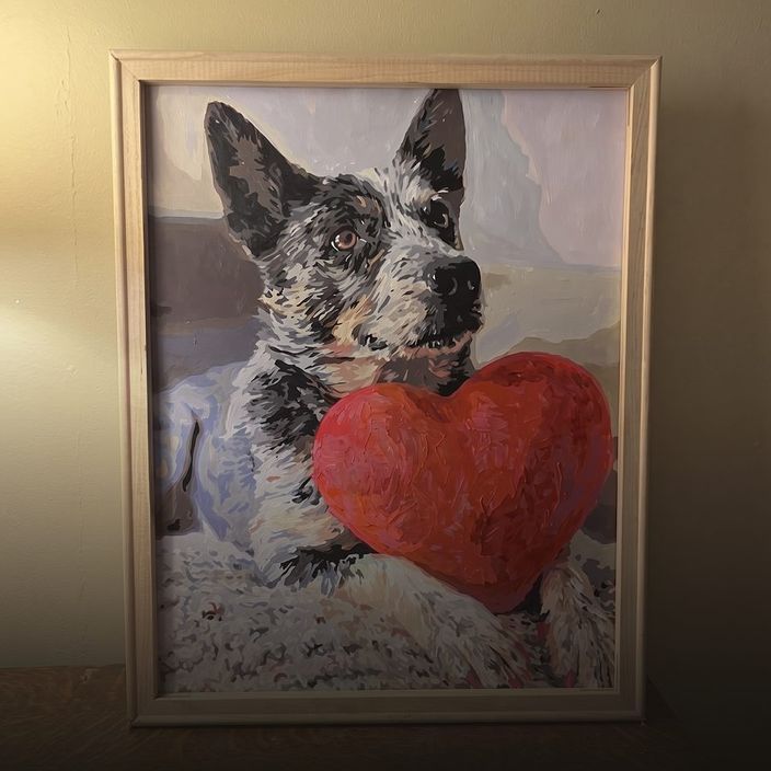 April N.'s pet in the Happy Heart Hug kit she painted, in a wood frame.