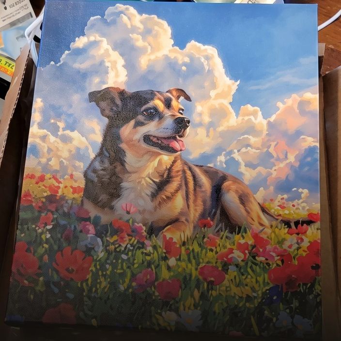 Nikki K.'s pet in the Flower Field & Clouds art, a canvas just out of its box.