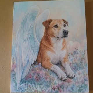 Tabitha C.'s pet in the Angelic Guardian art, a canvas hung on a yellow wall.