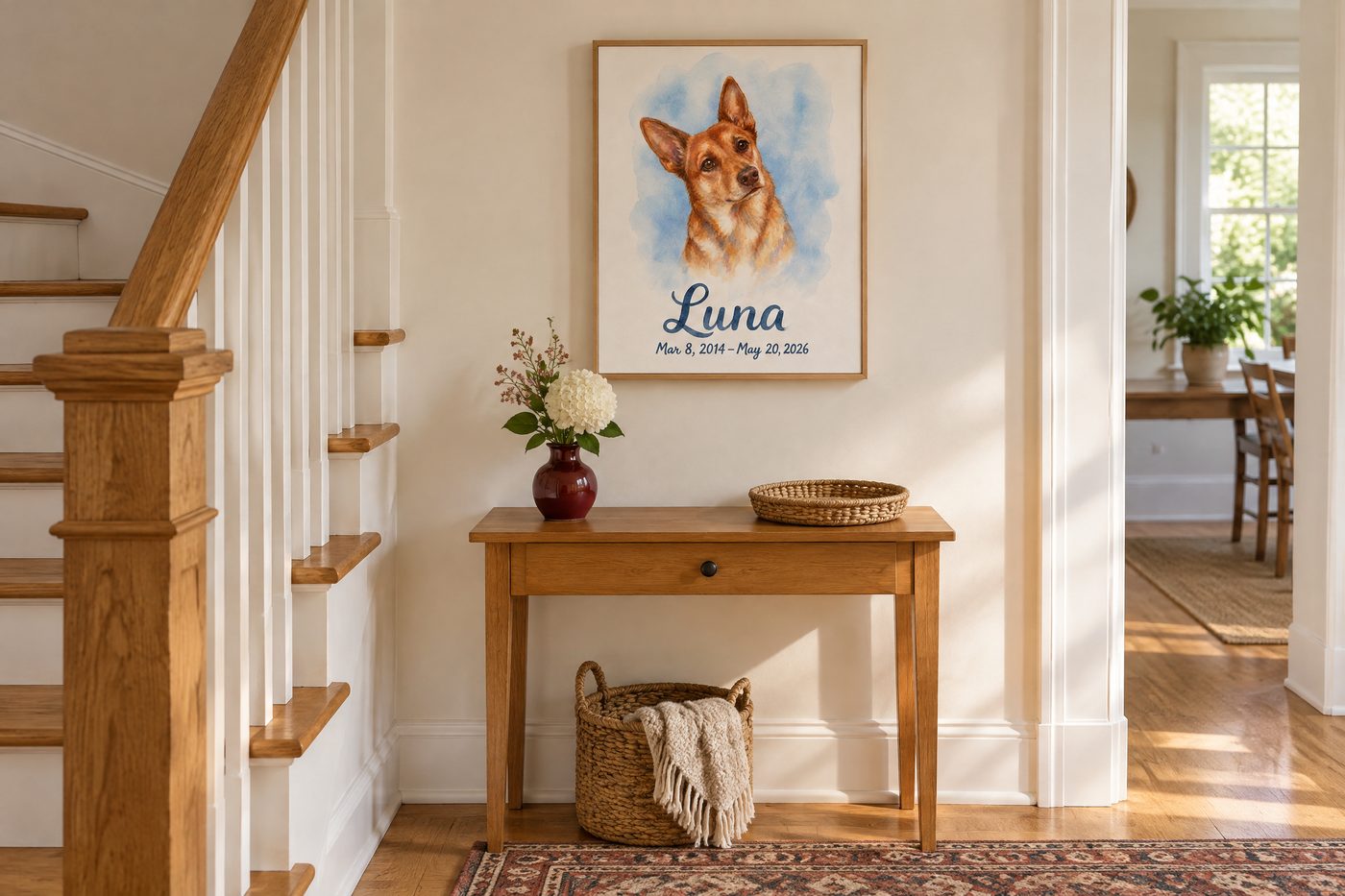 A framed name canvas with a sample pet name set in the art.