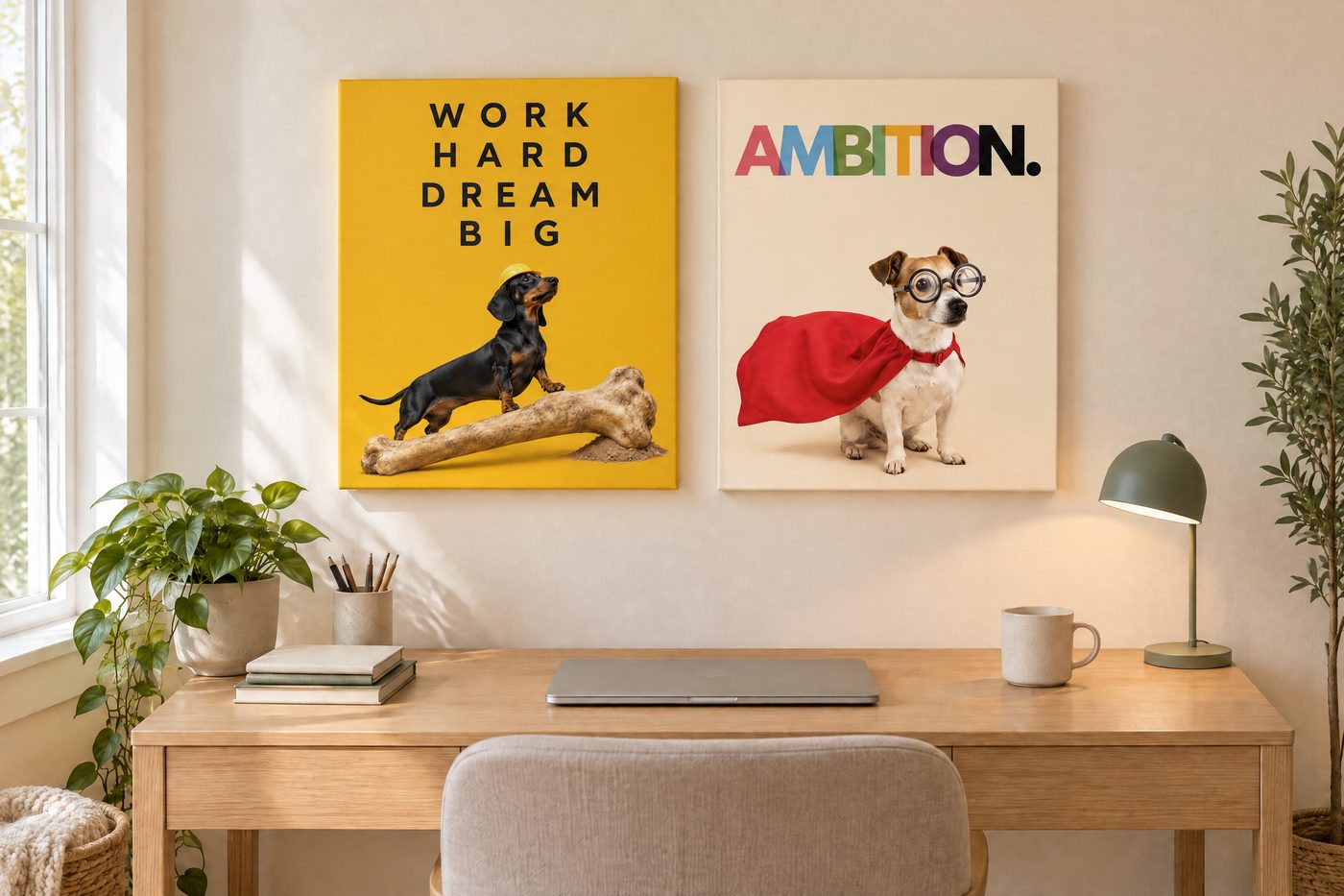 Two pet portraits styled as motivational posters, hung above a desk.